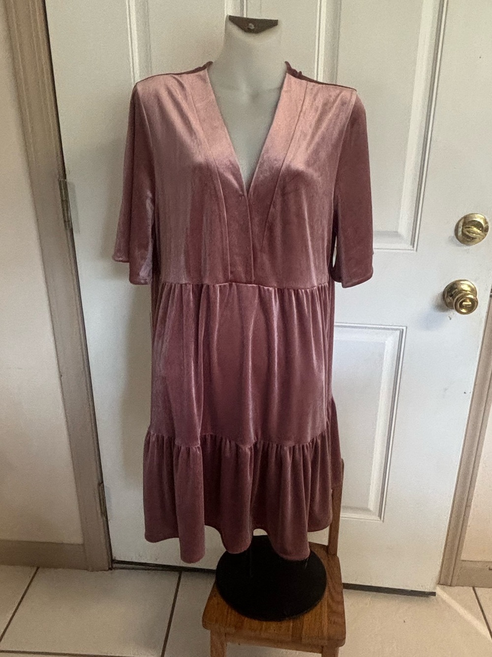 NWT M/L Wishlist "Speechless" mauve Velvet Tiered short sleeve Babydoll Dress.